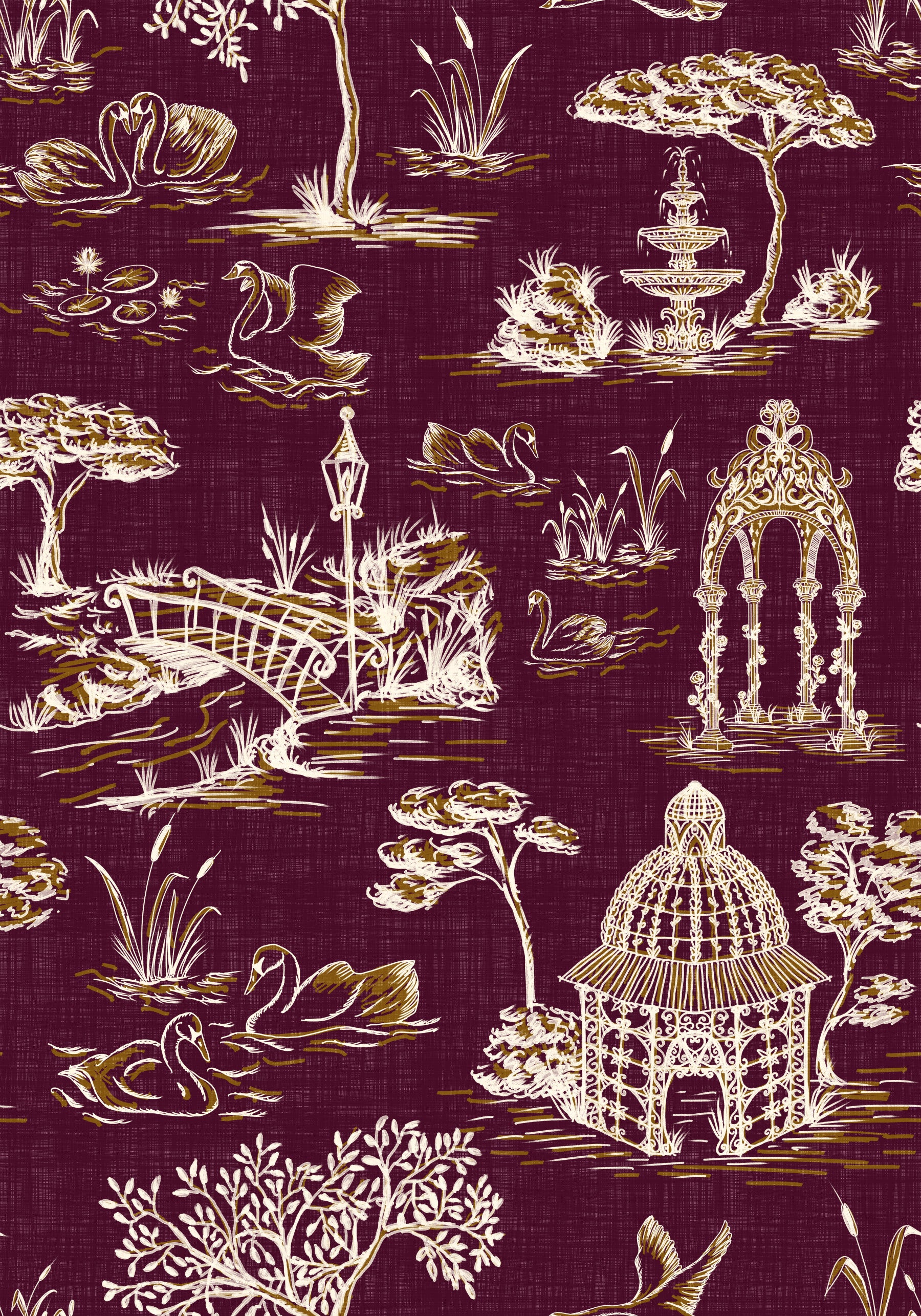 Modern Toile de Jouy Swan Victorian Garden Scenery - Royal Jewel Tone Wallpaper⁠
