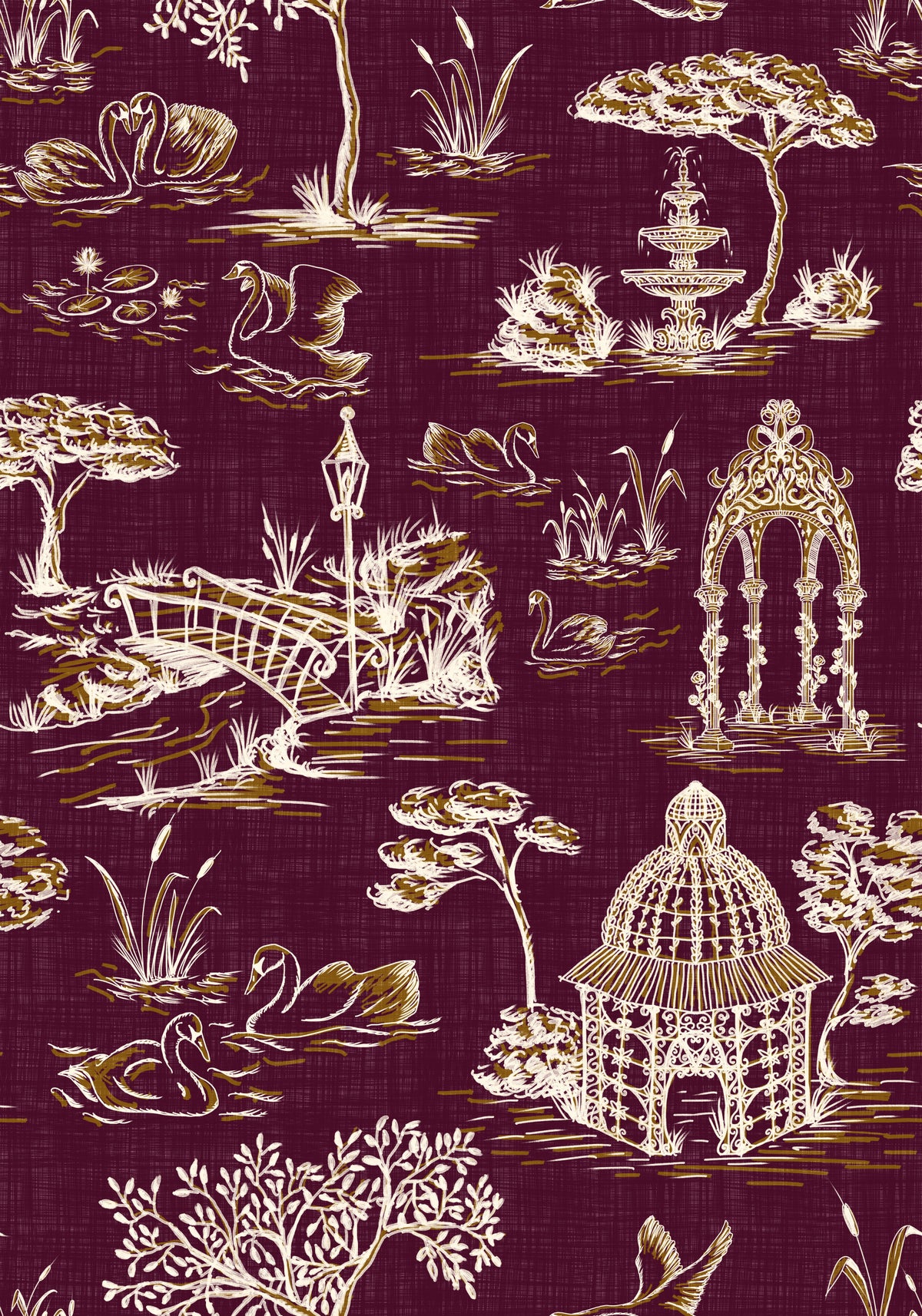Modern Toile de Jouy Swan Victorian Garden Scenery - Royal Jewel Tone Wallpaper⁠ in your room — zoomed
