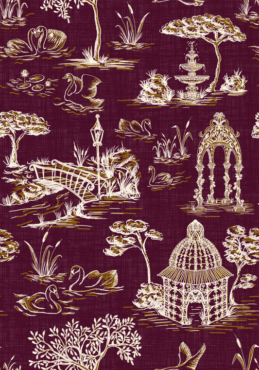 Modern Toile de Jouy Swan Victorian Garden Scenery - Royal Jewel Tone Wallpaper⁠