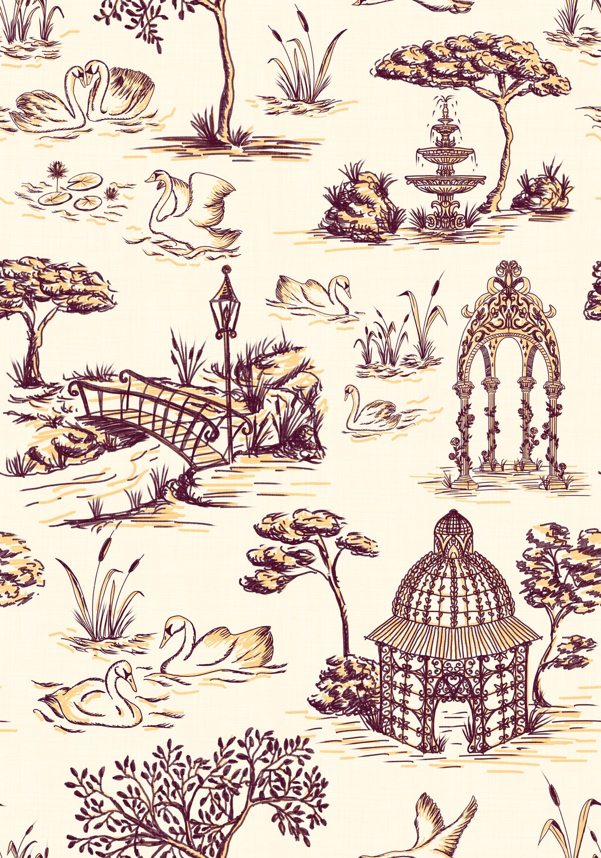 Modern Toile de Jouy Swan Victorian Garden Scenery - Rich Contrast Wallpaper⁠ in your room — zoomed