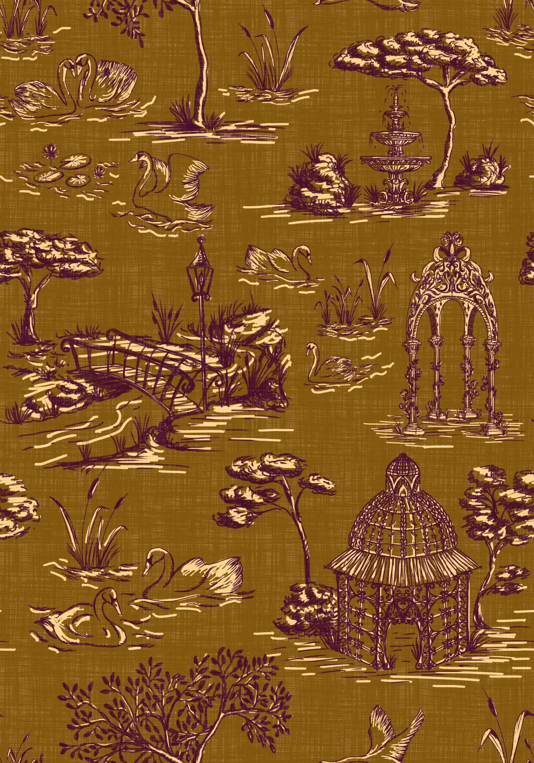 Modern Toile de Jouy Swan Victorian Garden Scenery - Regal Gilded Warmth Wallpaper⁠