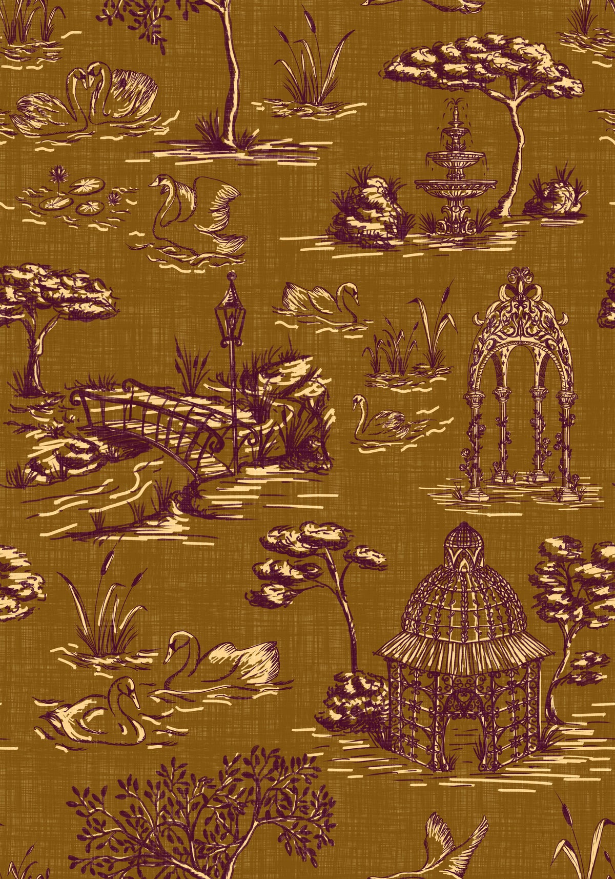 Modern Toile de Jouy Swan Victorian Garden Scenery - Regal Gilded Warmth Wallpaper⁠ in your room — zoomed