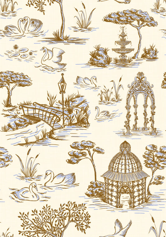Modern Toile de Jouy Swan Victorian Garden Scenery - Gilded Contrast Wallpaper⁠