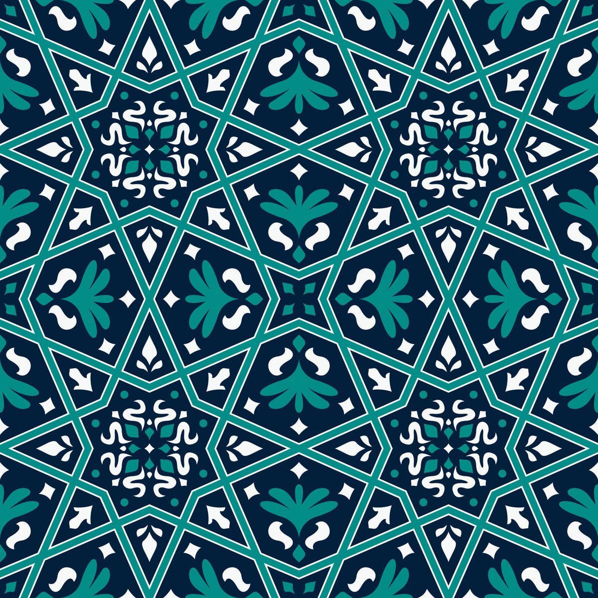 Midnight Teal Geometric Star Tile Wallpaper⁠ in your room — zoomed