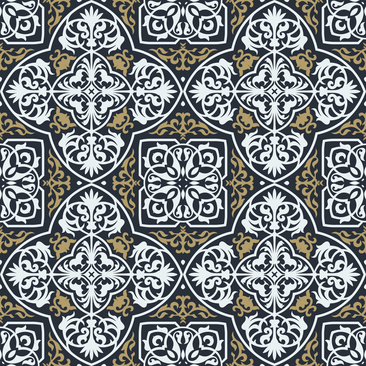 Midnight Arabesque Tile Repeat Wallpaper⁠ in your room — zoomed