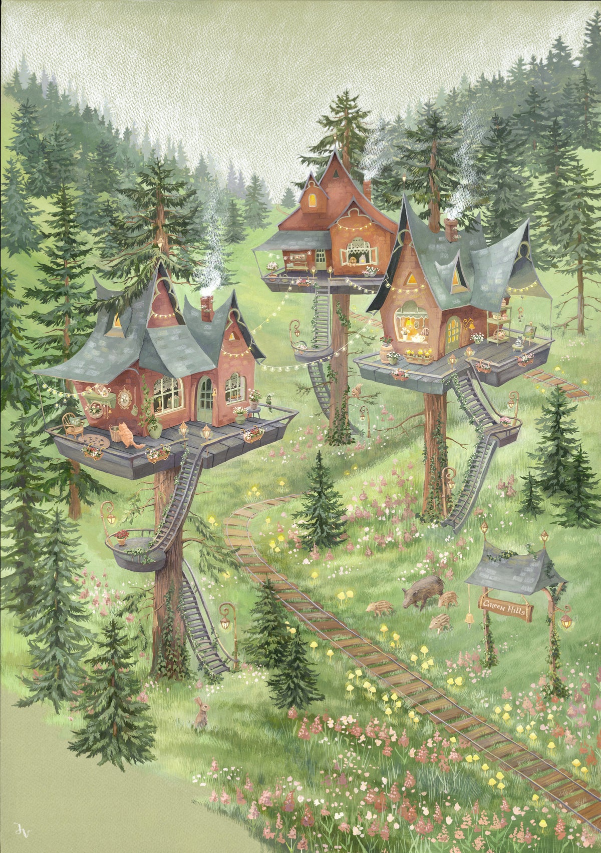 Whimsical Woodland Treehouse Village Scene Wall Mural in your room
