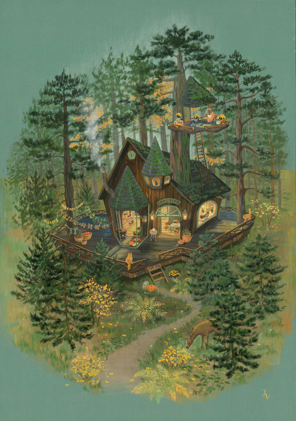 Forester's Woodland Retreat Illustration Wall Mural in your room