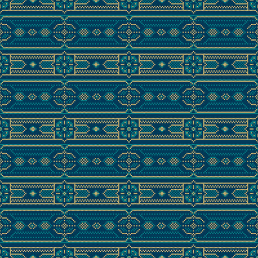Teal and Gold Cross-Stitch Folk Band Wallpaper⁠