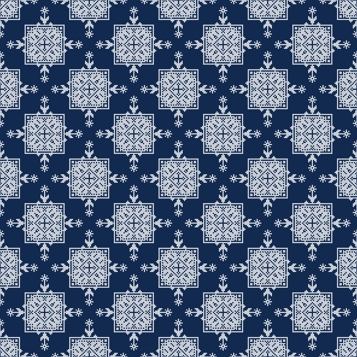 Indigo Cross-Stitch Tile Motif Wallpaper⁠ in your room