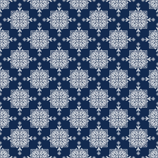 Indigo Cross-Stitch Tile Motif Wallpaper⁠