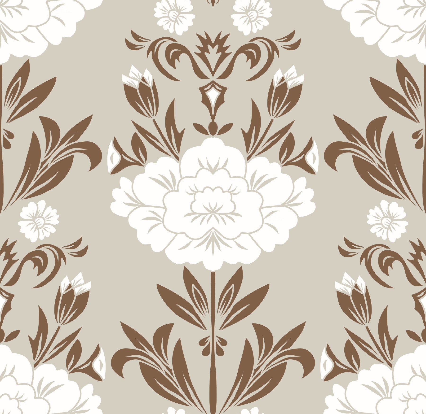 Cream and Brown Floral Damask Wallpaper⁠