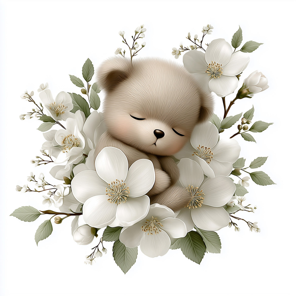 Sleeping Bear in White Blossom Wall Mural in your room — zoomed