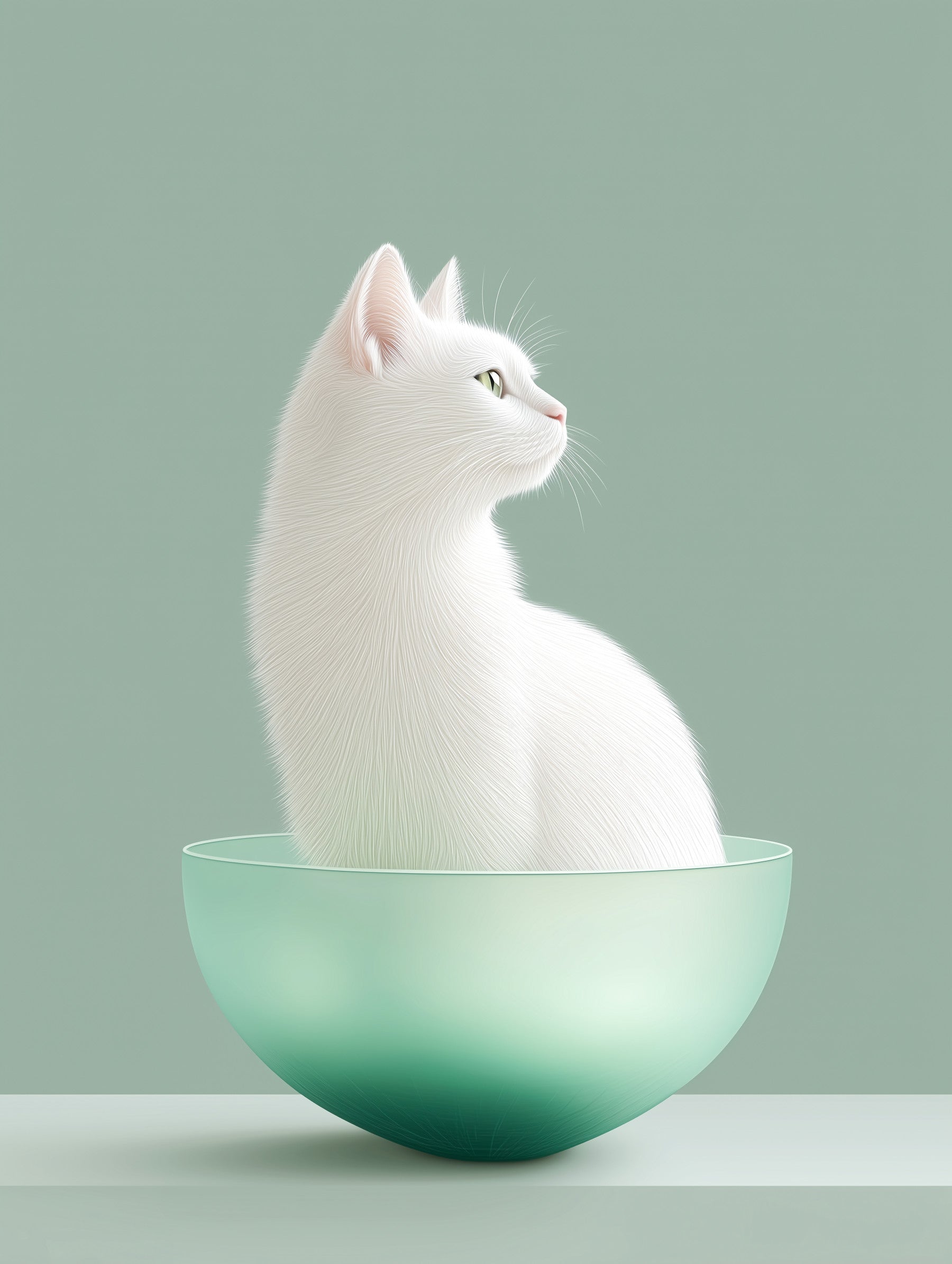 Minimalist White Cat in Mint Bowl Wall Mural