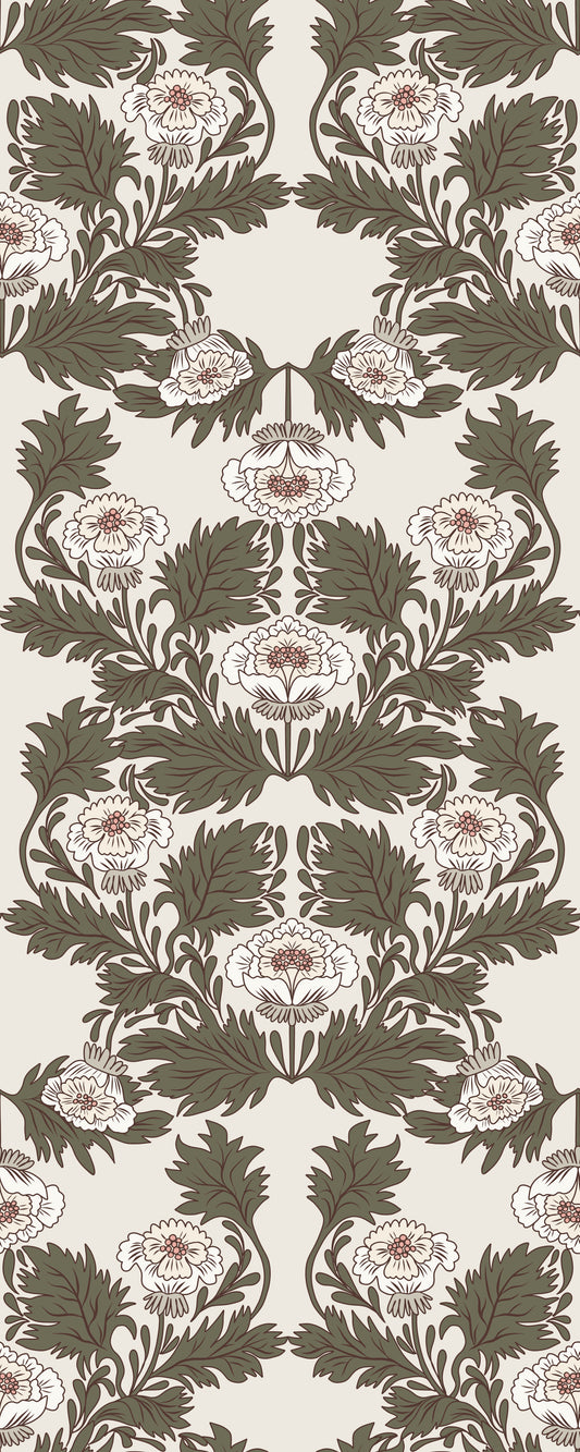 Symmetrical Sage Foliage and Peony Illustration Wallpaper⁠