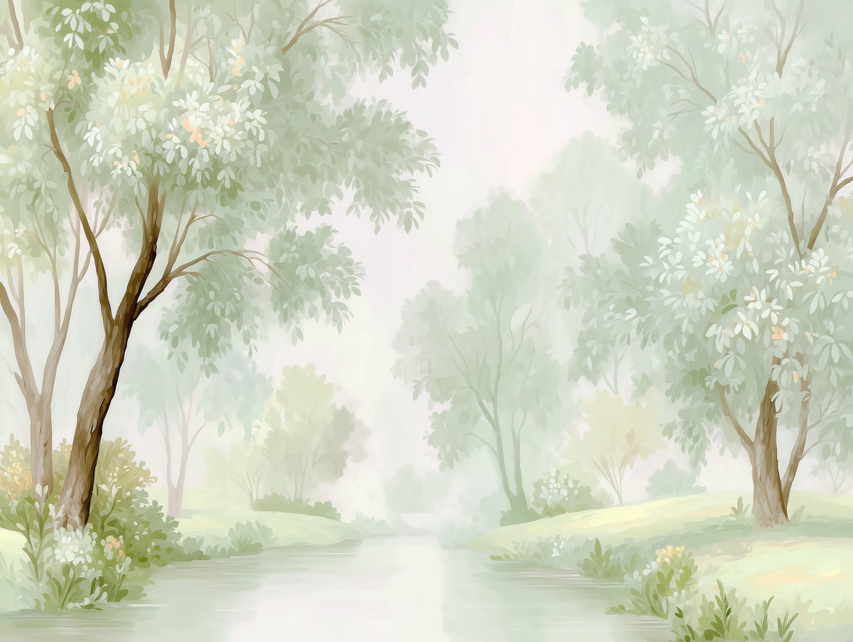 Misty Morning Riverside Forest Wall Mural in your room — zoomed