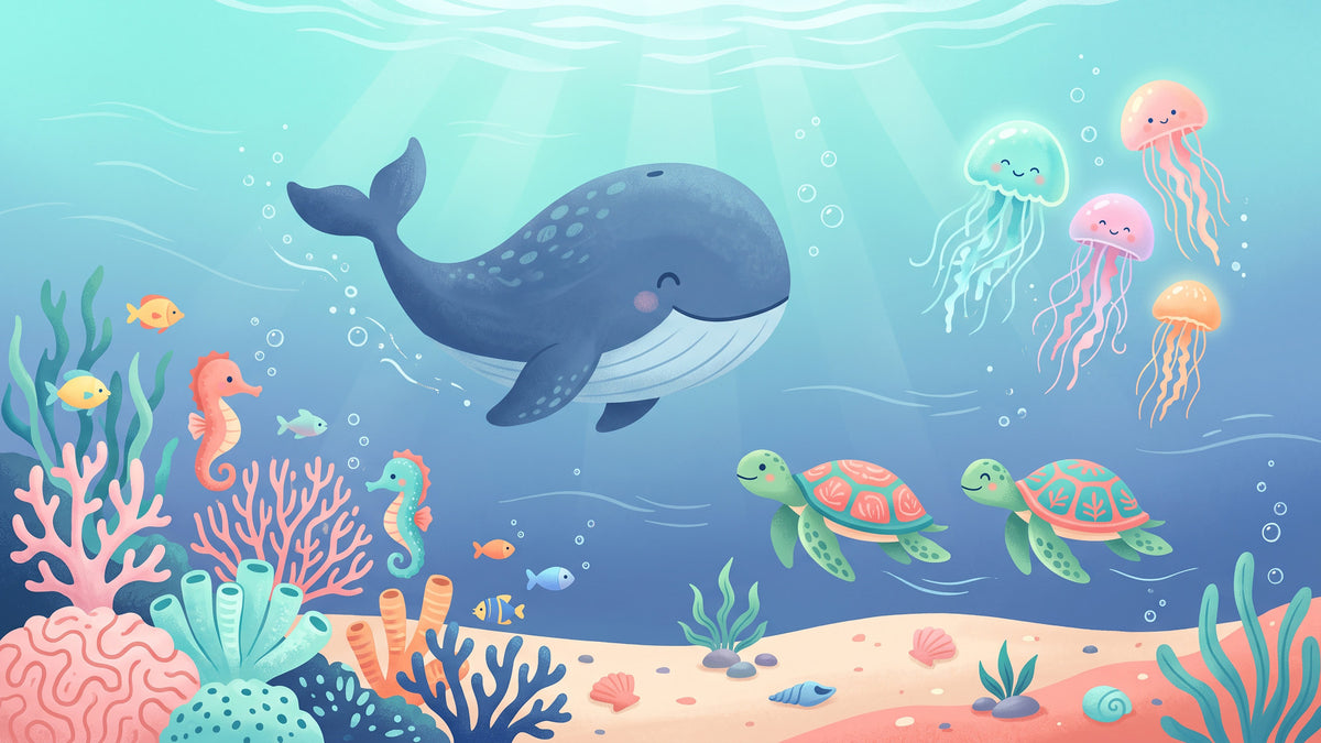 Friendly Whale and Friends Ocean Scene Wall Mural in your room