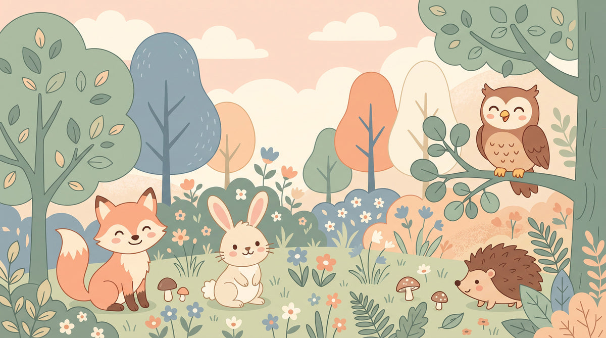Friendly Woodland Creatures in Soft Pastel Forest Wall Mural in your room