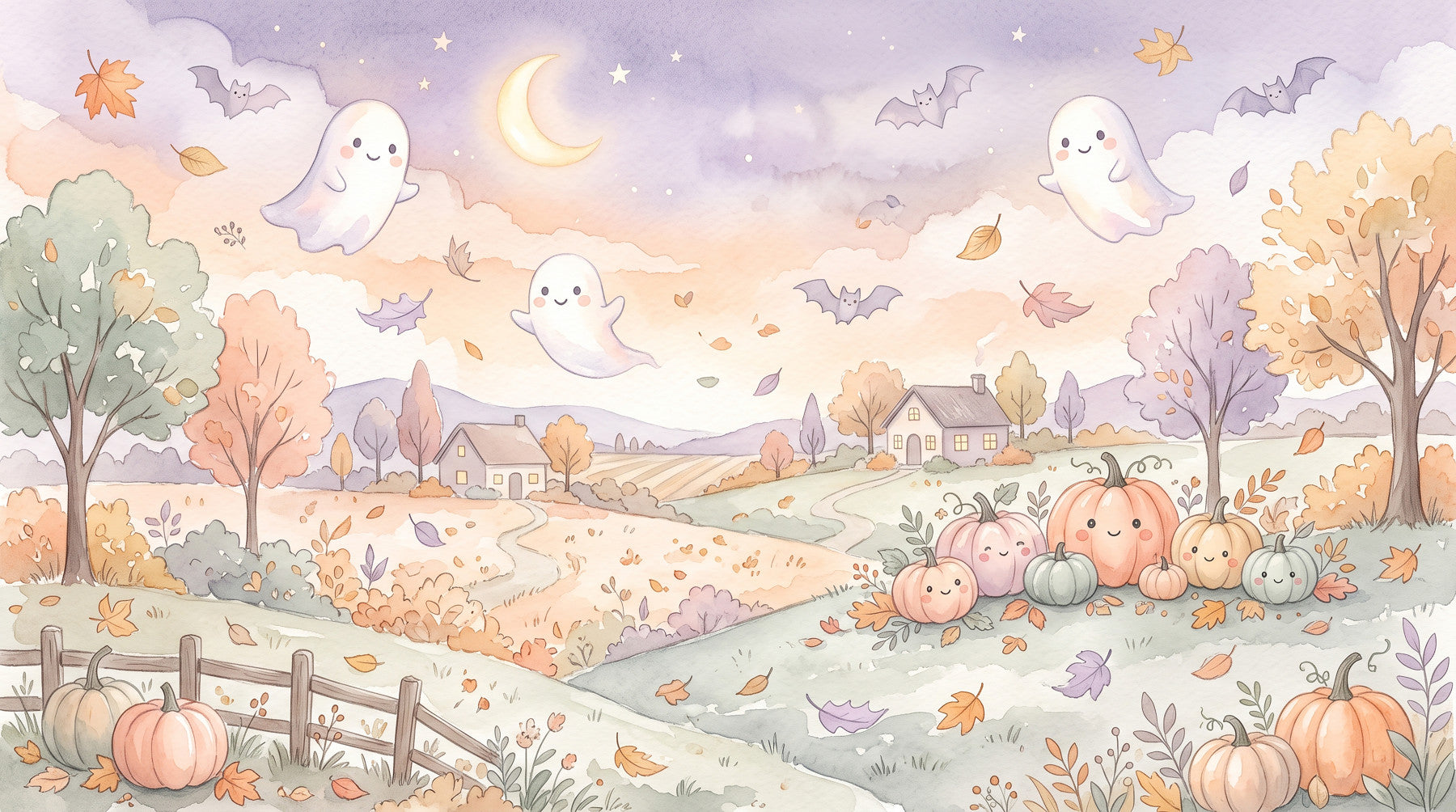 Friendly Ghosts in Autumn Countryside Wall Mural