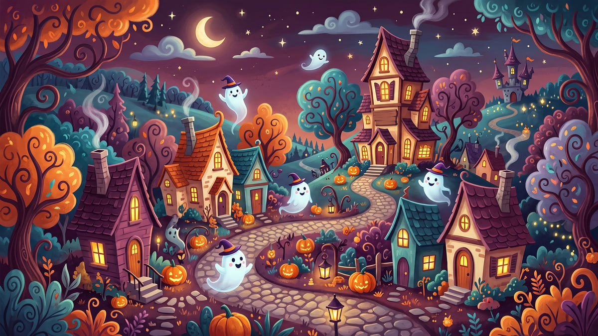 Whimsical Ghostly Village Night Wall Mural in your room