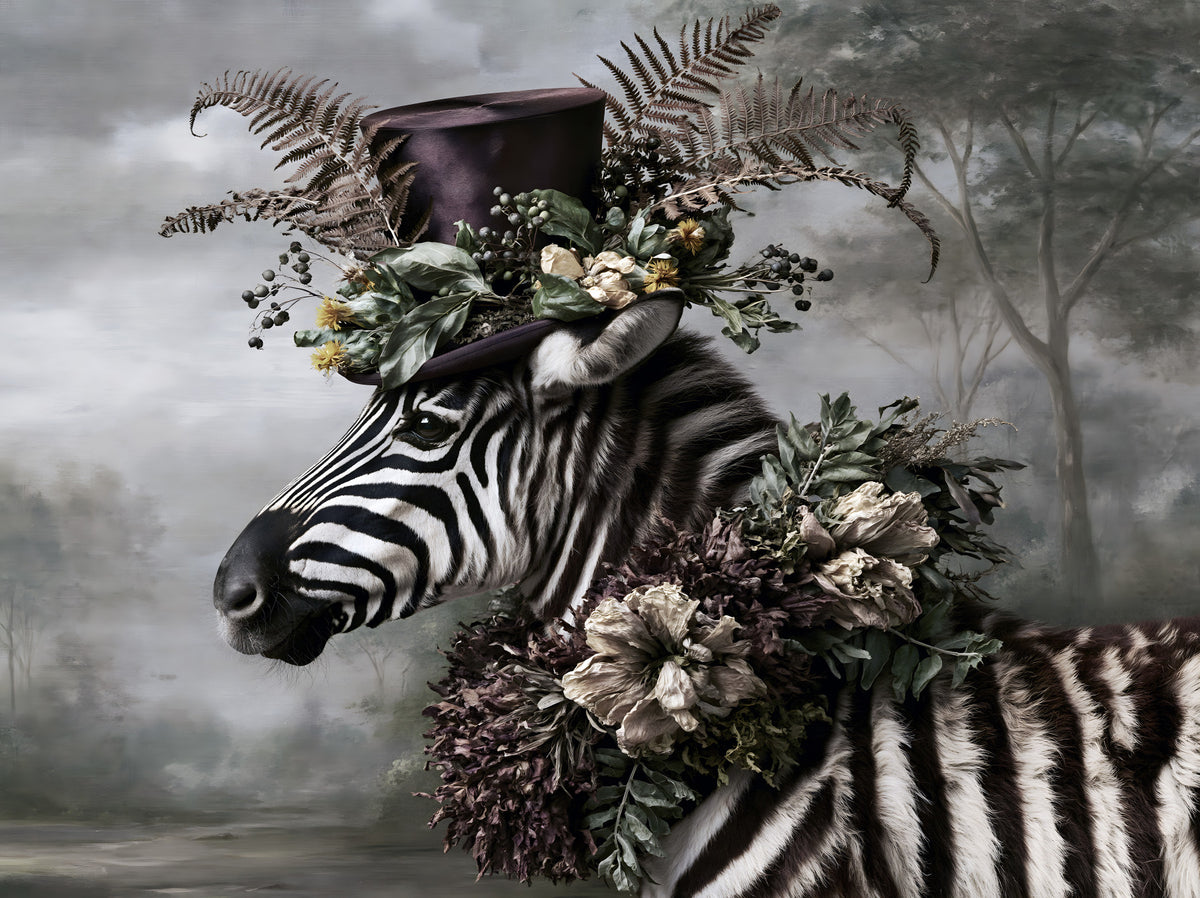 Dapper Zebra in Floral Hat Wall Mural in your room — zoomed