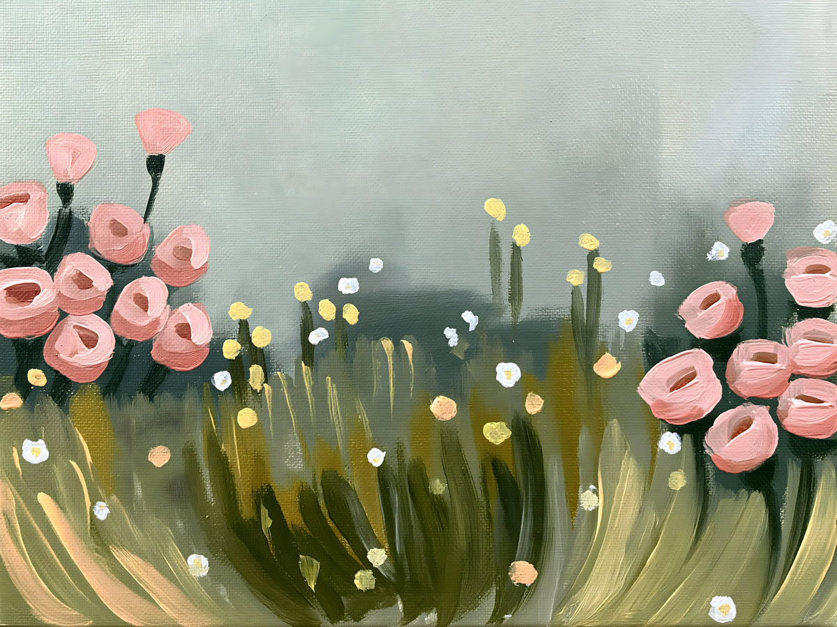 Soft Pink Petals in Meadow Haze Wall Mural in your room — zoomed