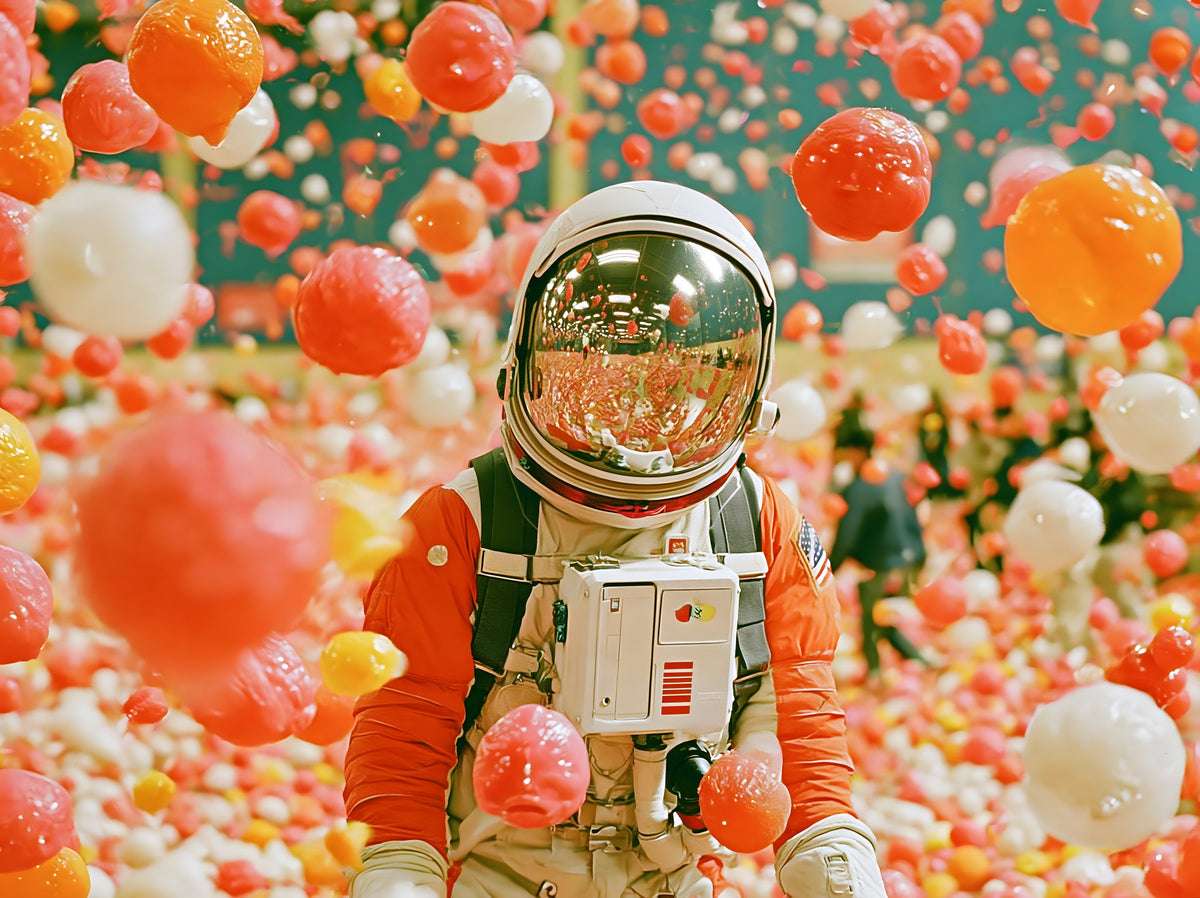 Astronaut Amidst Floating Orbs Wall Mural in your room — zoomed