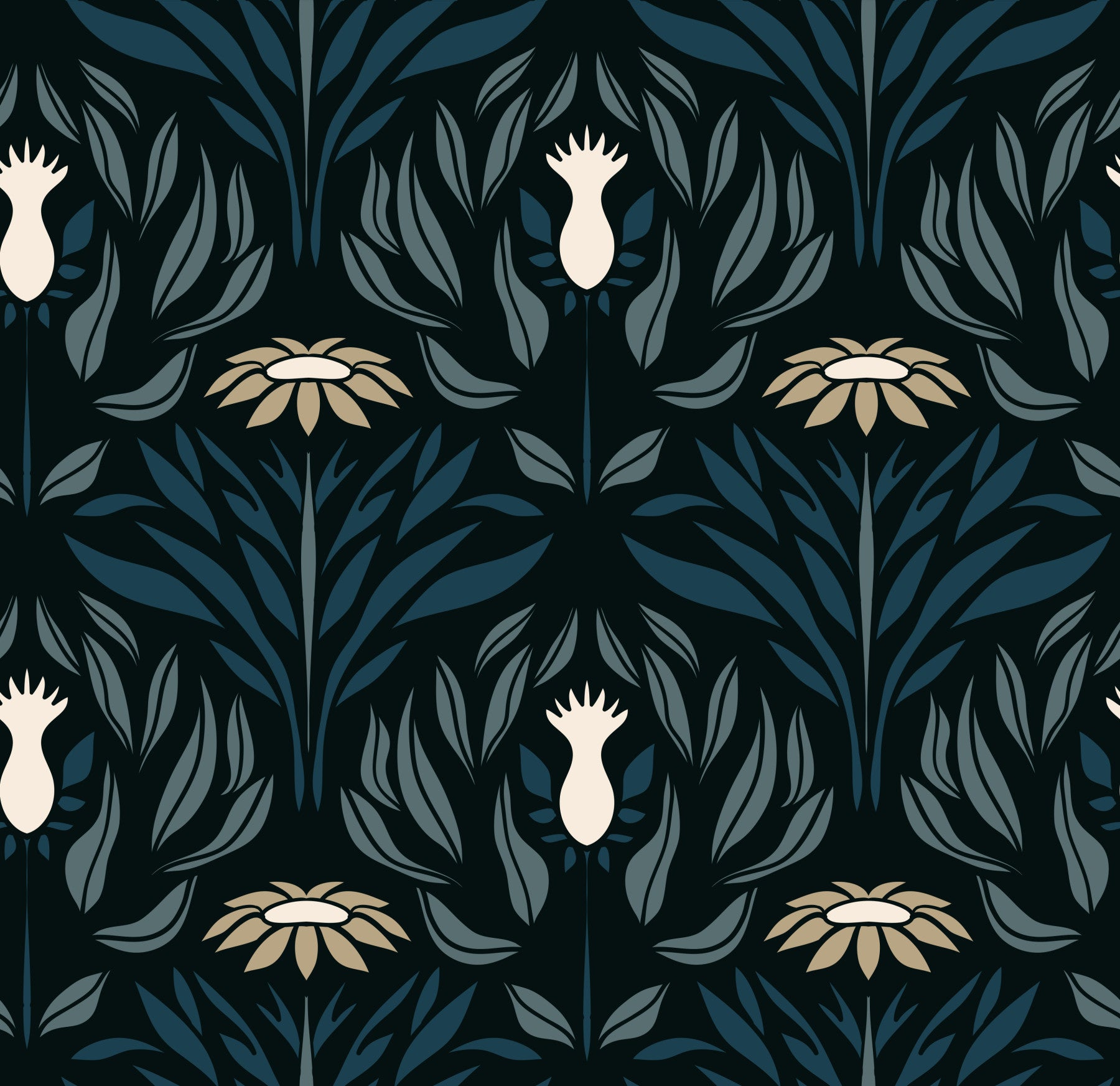 Teal and Cream Floral Symmetry Wallpaper⁠