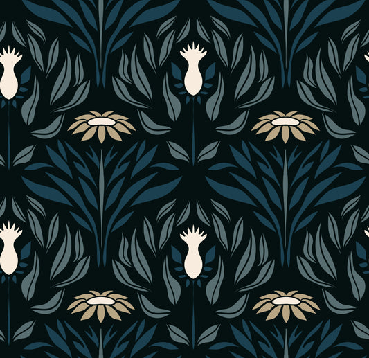 Teal and Cream Floral Symmetry Wallpaper⁠