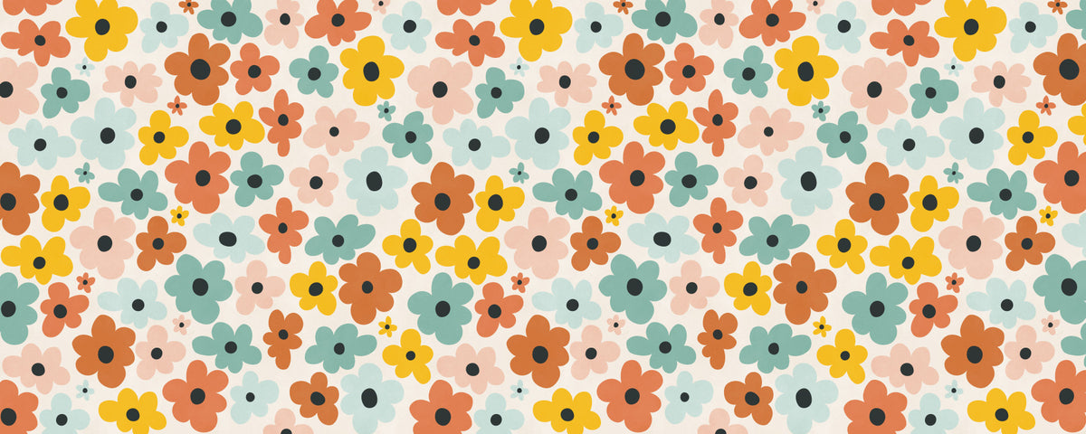 Retro Flower Power Pattern Wall Mural in your room — zoomed
