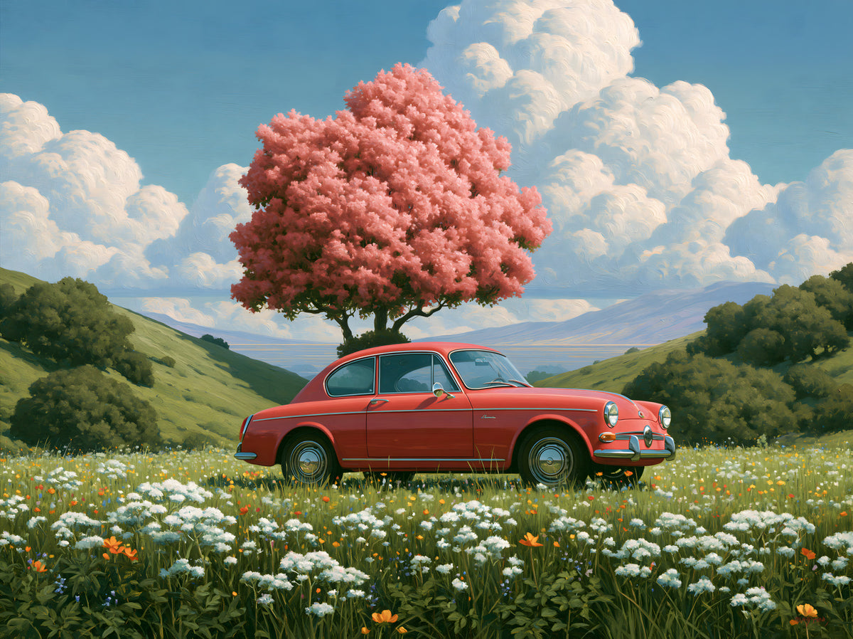 Vintage Red Coupe in Spring Meadow Wall Mural in your room — zoomed