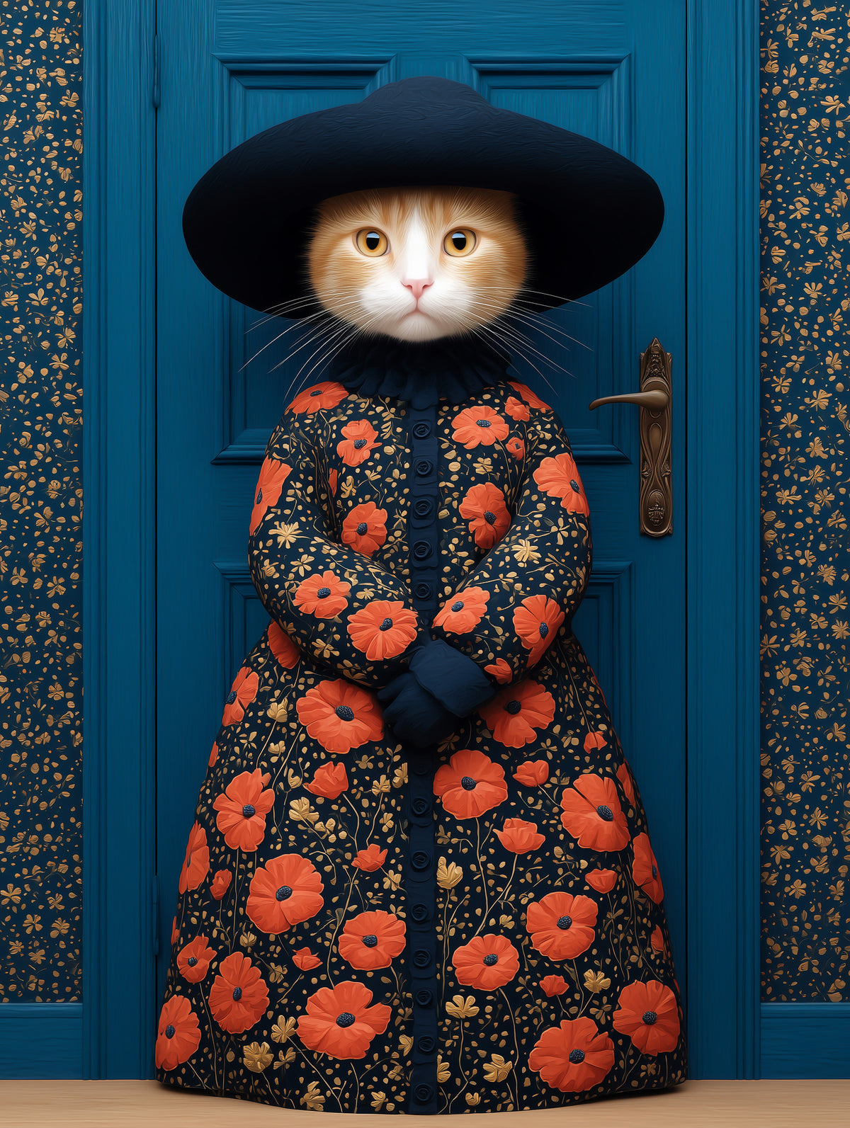 Royal Feline in Poppy Print Attire Wall Mural in your room — zoomed