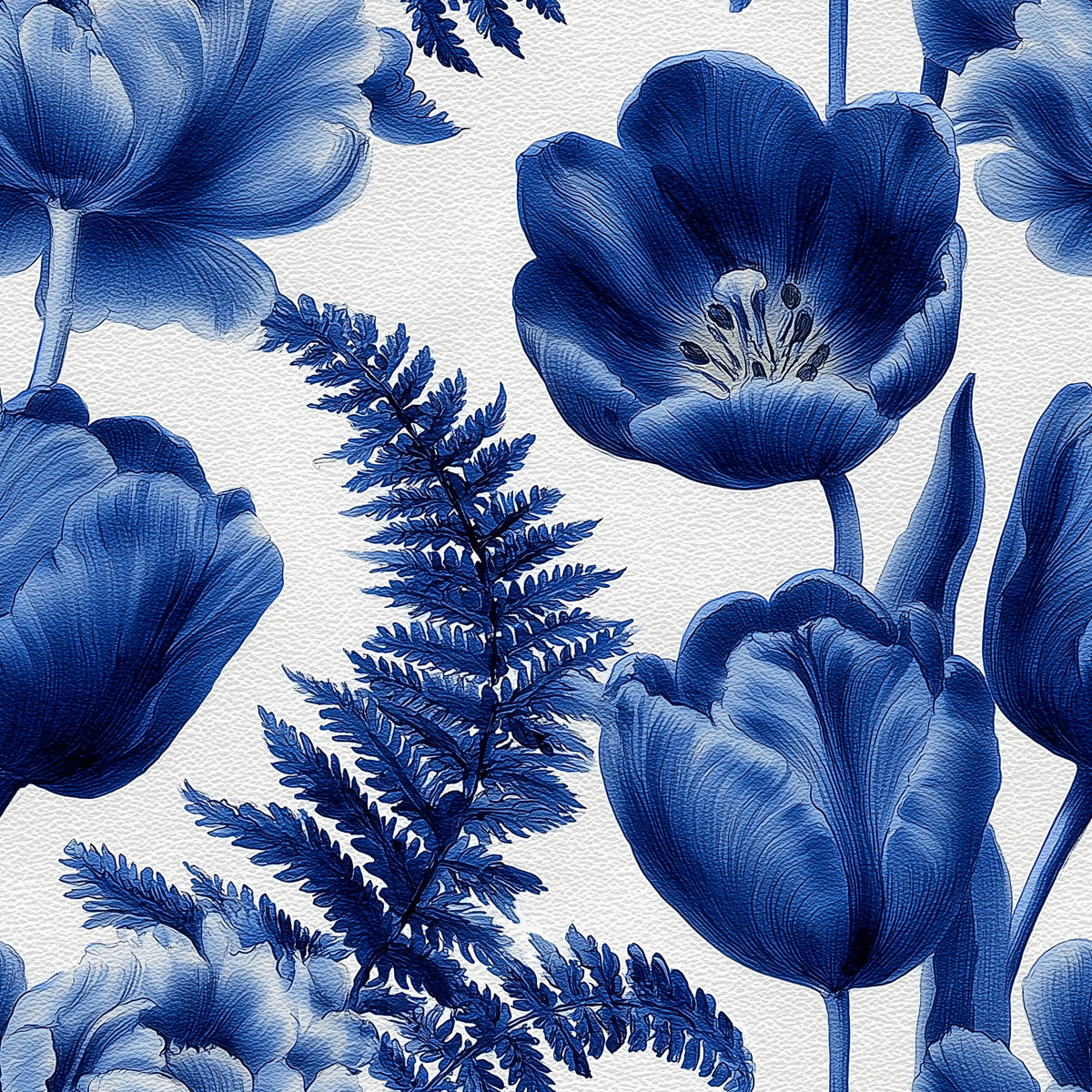 Indigo Botanical Tulip Fern Sketch Wallpaper⁠ in your room