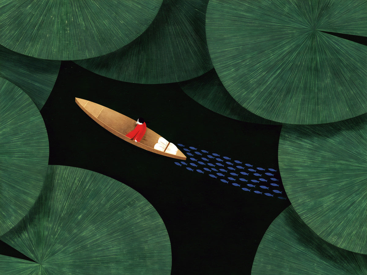 Lone Traveler Amidst Green Lily Pads Wall Mural in your room