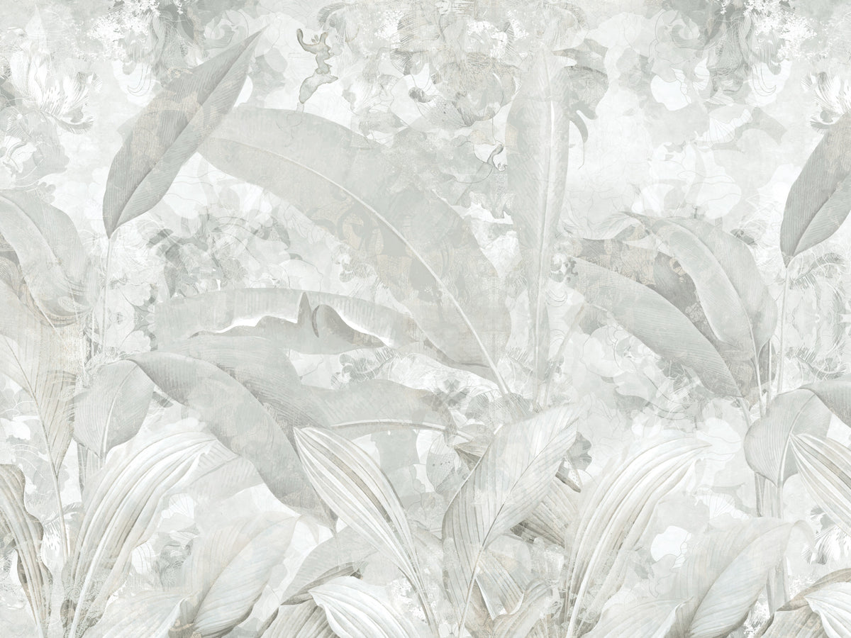 Soft Grey Tropical Botanical Wall Mural Wall Mural in your room — zoomed