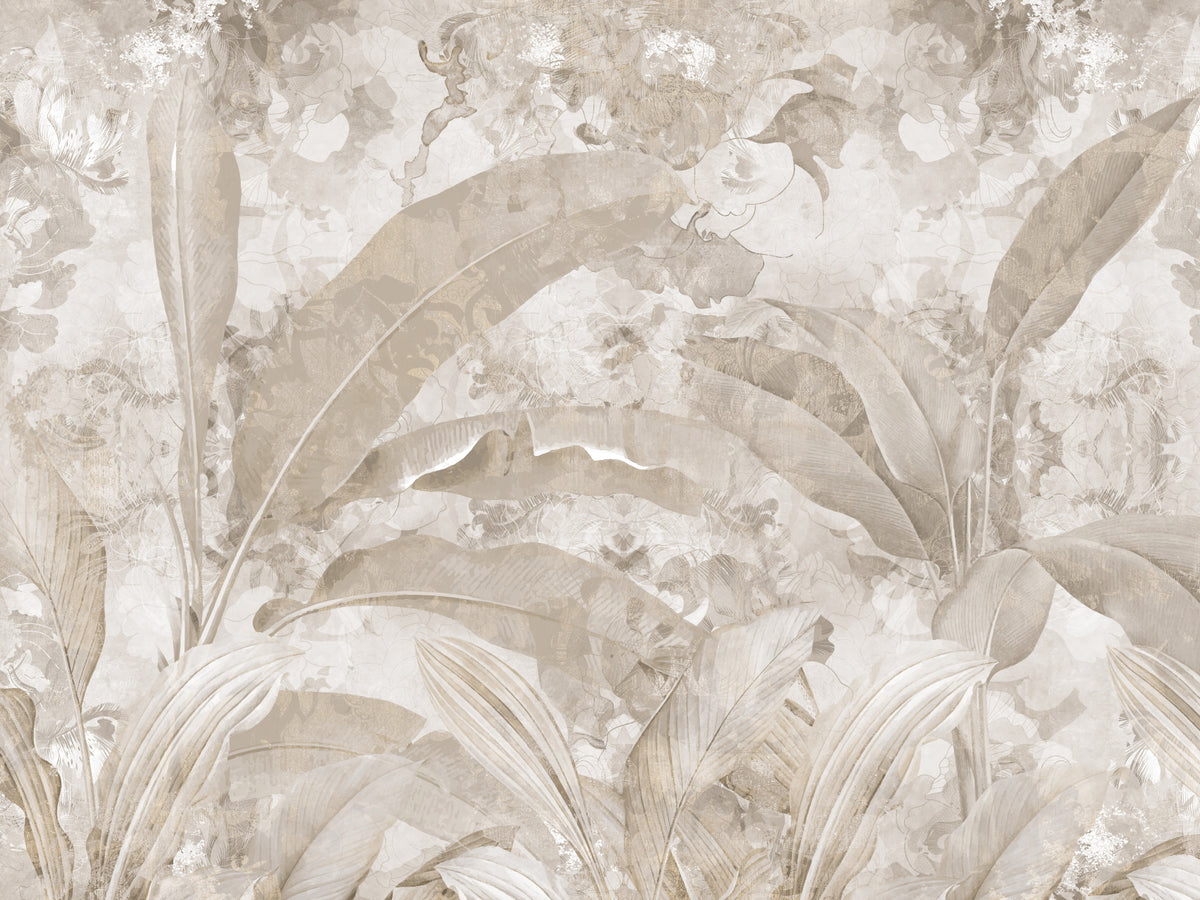 Neutral Beige Tropical Leaves Wall Mural Wall Mural in your room — zoomed