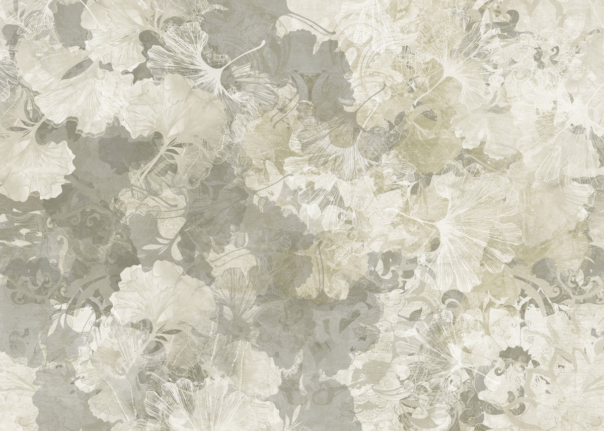 Ginkgo Biloba Leaves Muted Grey Wall Mural Wall Mural in your room — zoomed