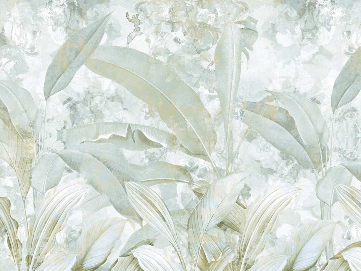 Sage Green Gold Tropical Botanical Leaf Wall Mural Wall Mural in your room