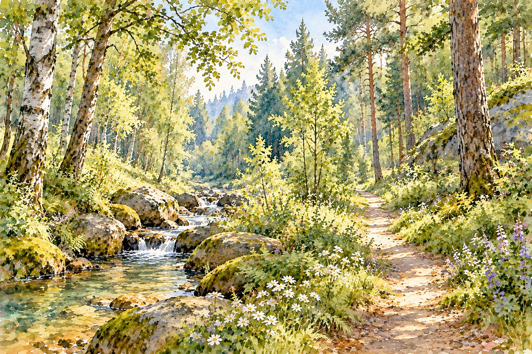 Sunlit Forest Stream Meadow Wall Mural