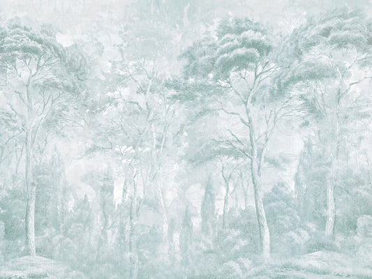 Sage Duck Egg Misty Forest Landscape Wall Mural