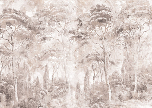 Soft Rose Taupe Misty Forest Landscape Wall Mural