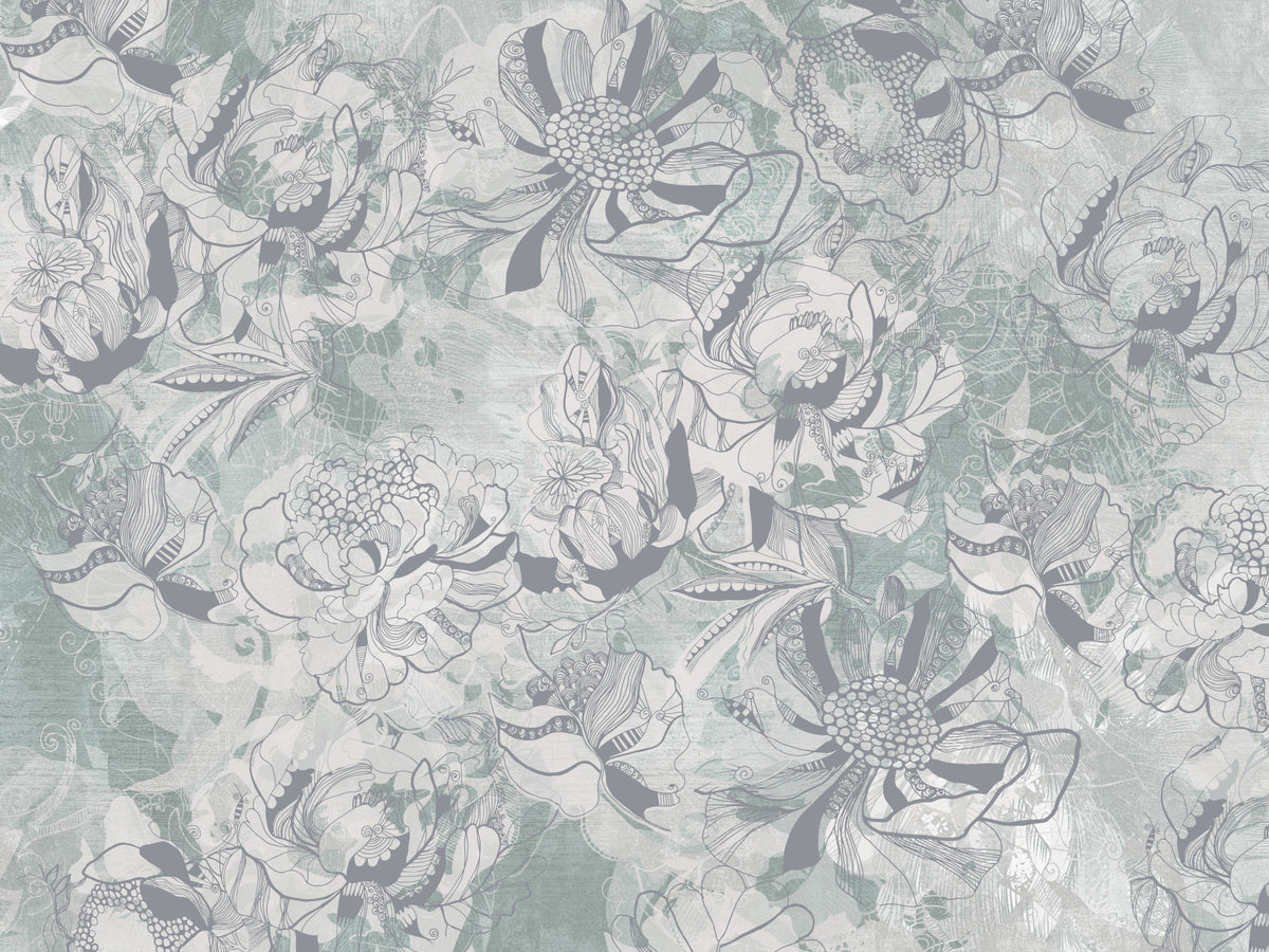 Misty Slate Ice Teal Botanical Floral Wall Mural Wall Mural in your room — zoomed
