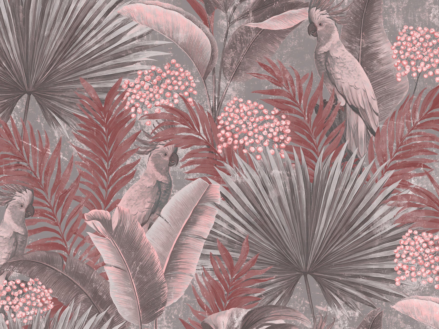 Muted Pink Cockatoo Tropical Foliage Wall Mural