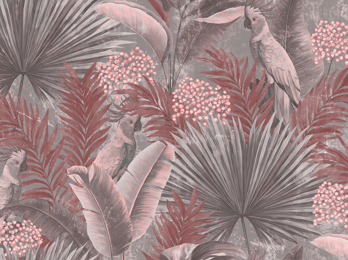 Muted Pink Cockatoo Tropical Foliage Wall Mural in your room — zoomed