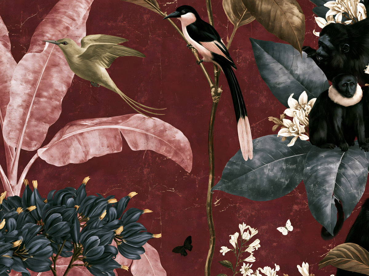Deep Crimson Jungle Life Wall Mural in your room — zoomed