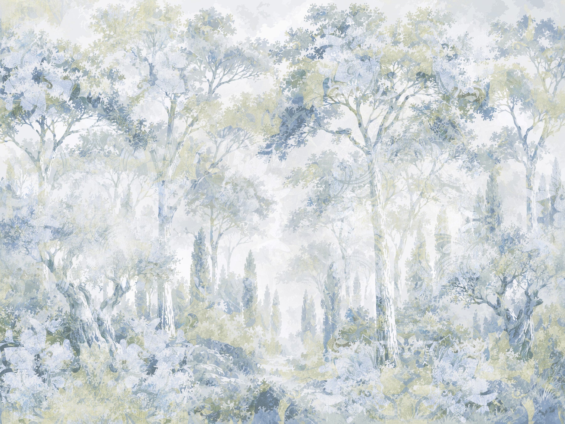 Misty Icy Blue Tuscan Forest Path wall mural
