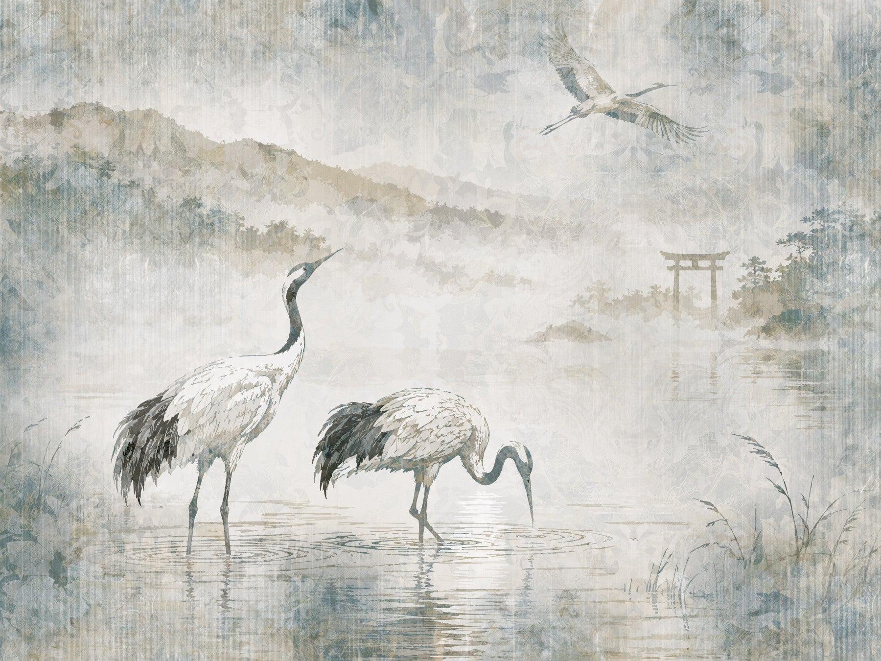 Serene Japanese Landscape & Crane Mural Wall Mural