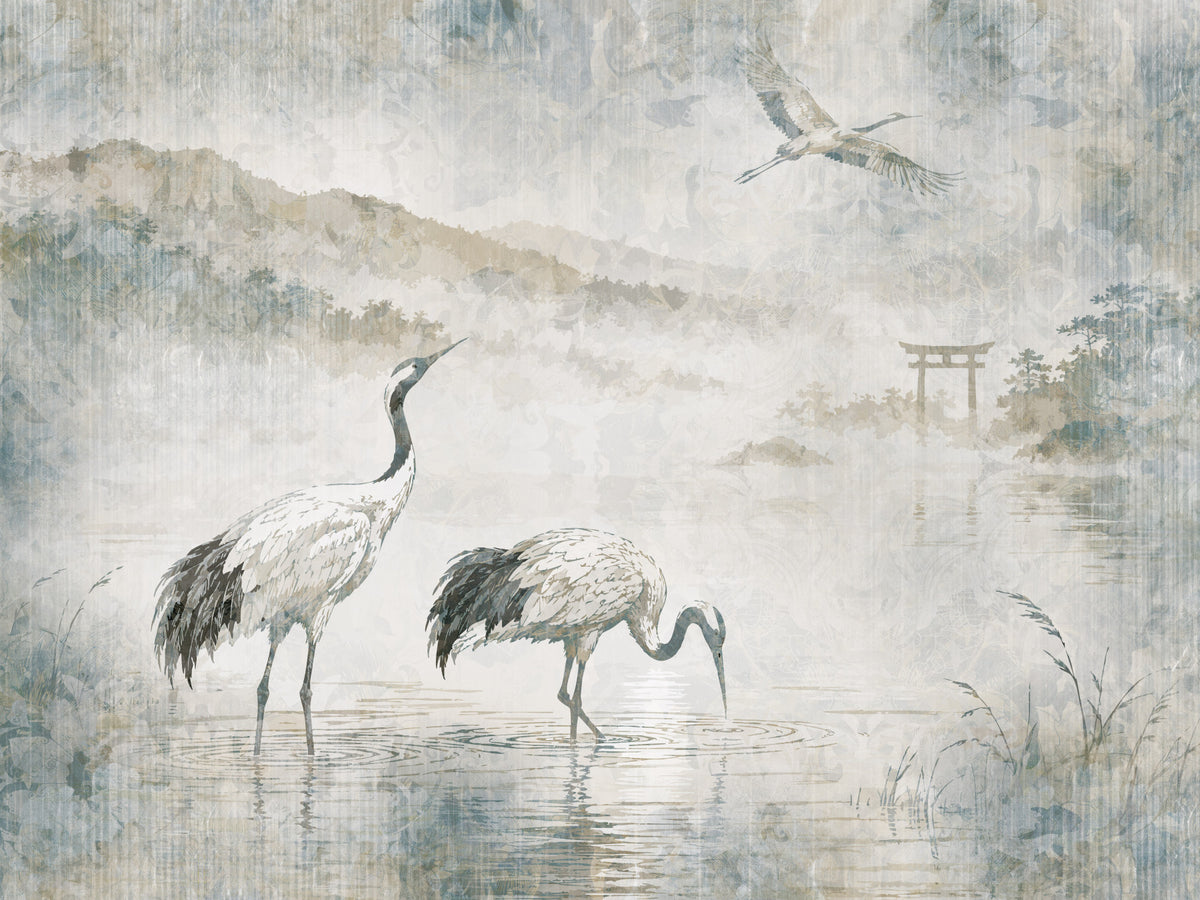 Serene Japanese Landscape & Crane Mural Wall Mural in your room