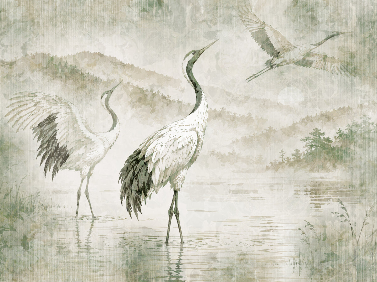 Nature's Fusion Japanese Cranes Mural Wall Mural in your room — zoomed