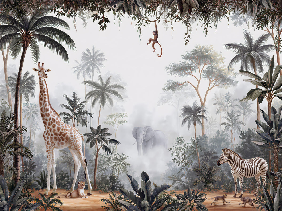 Misty Tropical Safari Wildlife Wall Mural in your room