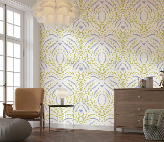 Lavender Field with Butterflies Wallpaper – Decorative mural featuring vibrant lavender blooms and whimsical butterflies.